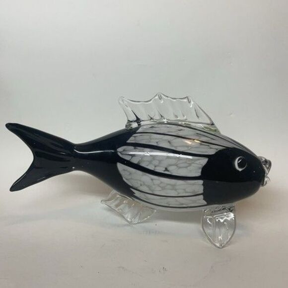 VTGArt Glass Fish Hand Blown Murano Style Figurine Aquarium Black/White 12